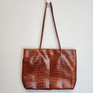 Maurizio Taiuti Large Shoulder Bag Crocodile Skin Pattern Brown Leather Vtg 90s